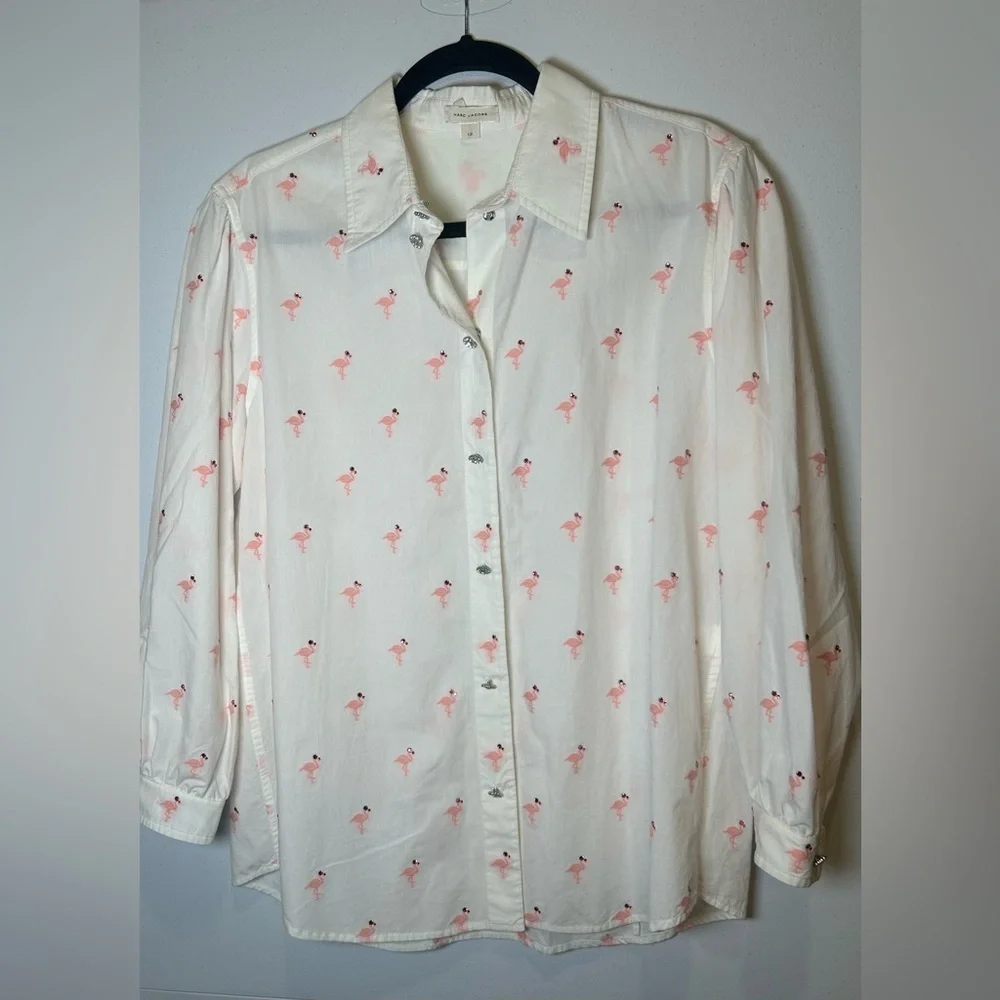 Marc Jacobs White Shirt with Pink Flamingo Pattern & Rhinestones. - Picture 2 of 11